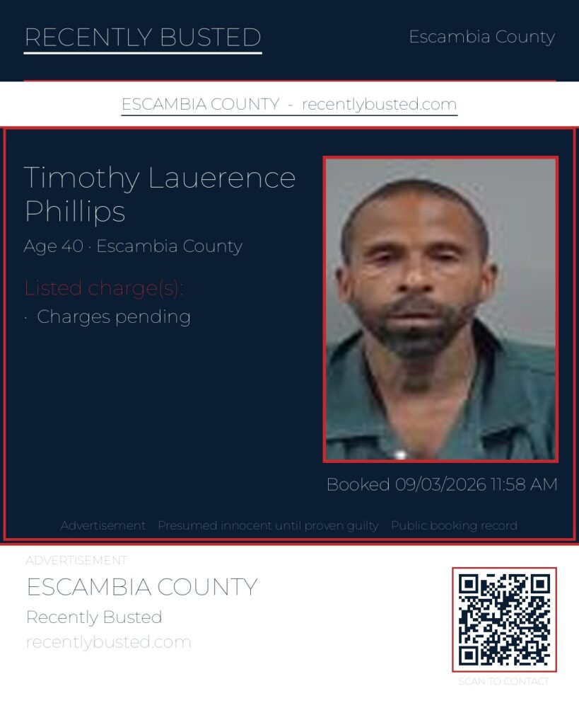 Timothy Lauerence Phillips — arrest record card, Escambia County, Florida