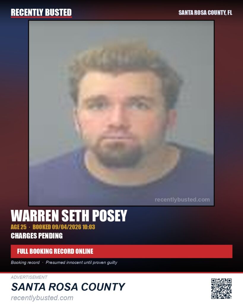 Warren Seth Posey — arrest record card, Santa Rosa County, Florida