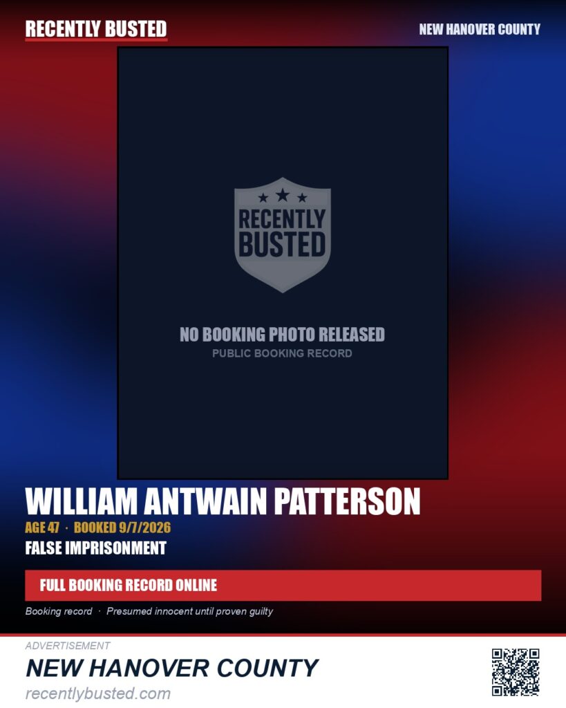 WILLIAM ANTWAIN PATTERSON — arrest record card, New Hanover