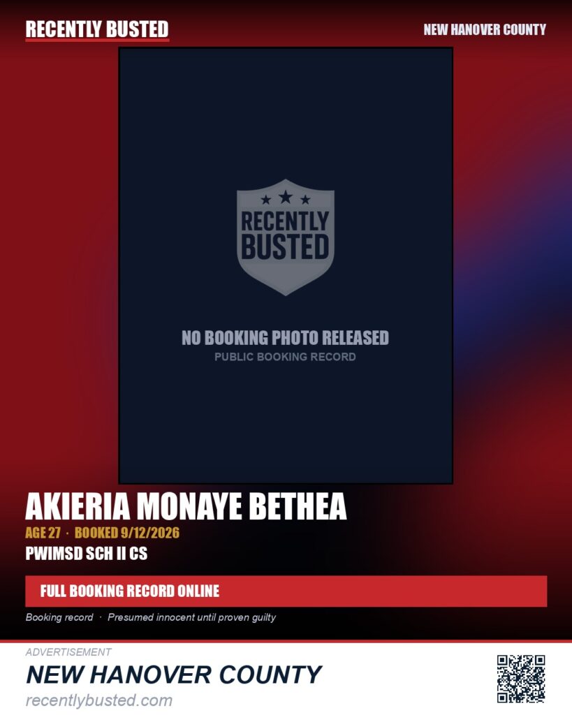 AKIERIA MONAYE BETHEA — arrest record card, New Hanover County