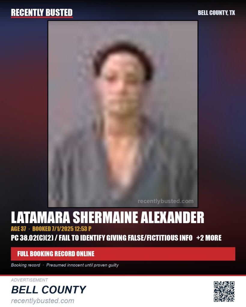 ALEXANDER, LATAMARA SHERMAINE — arrest record card, Bell County, Texas