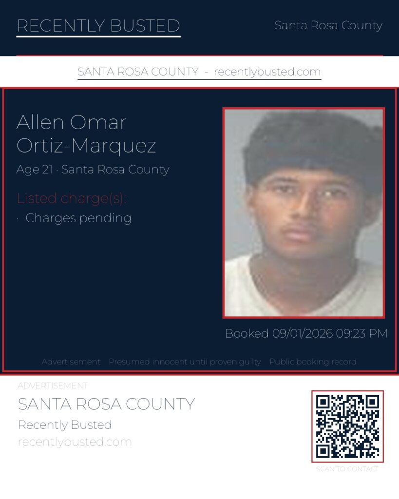 Allen Omar Ortiz-Marquez — arrest record card, Santa Rosa County, Florida
