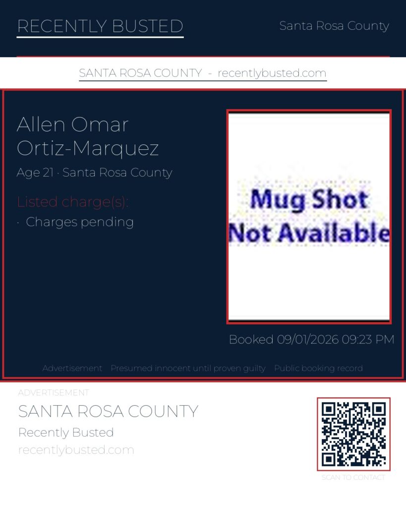 Allen Omar Ortiz-Marquez — arrest record card, Santa Rosa County, Florida