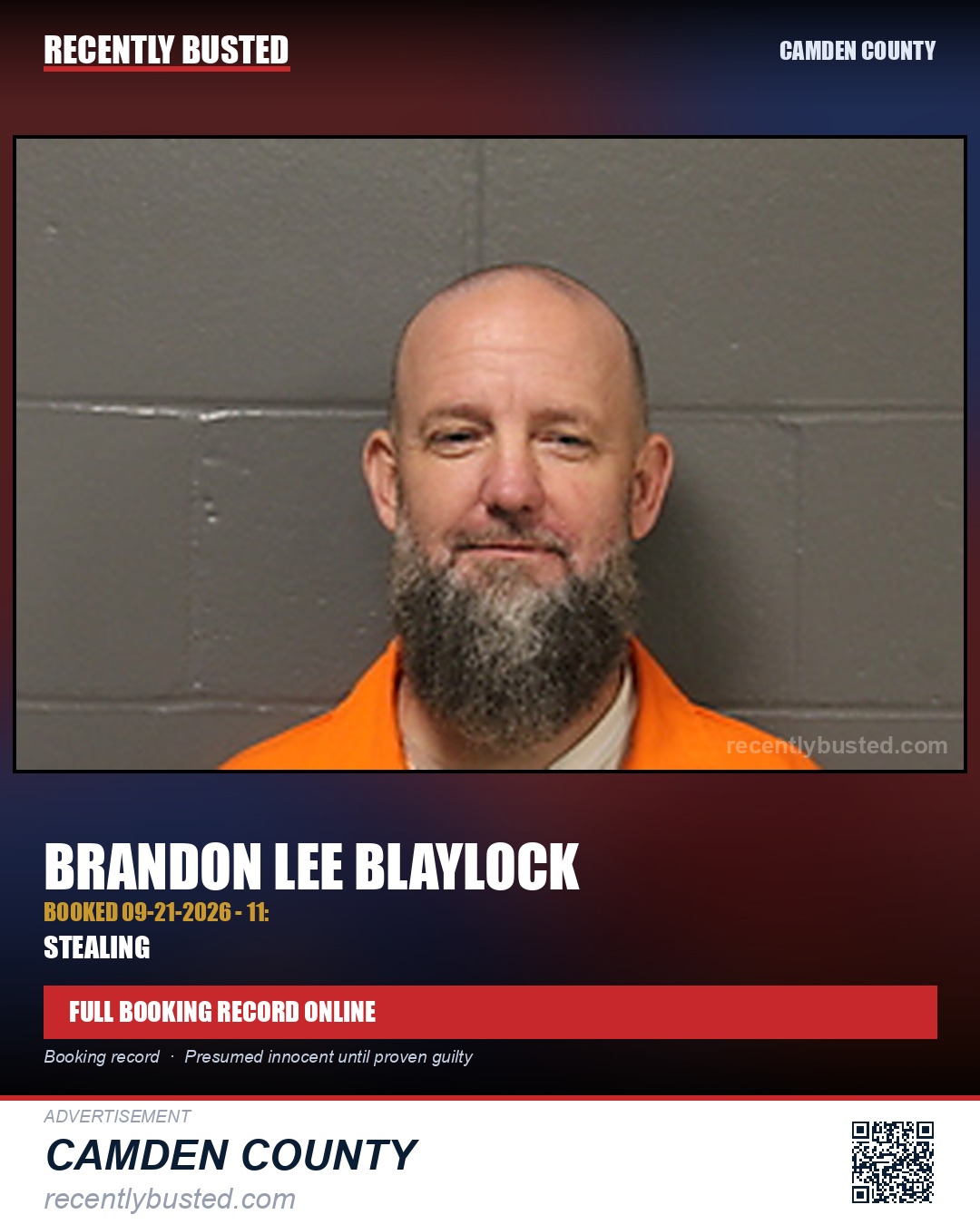 Blaylock, Brandon Lee — arrest record card, Camden County