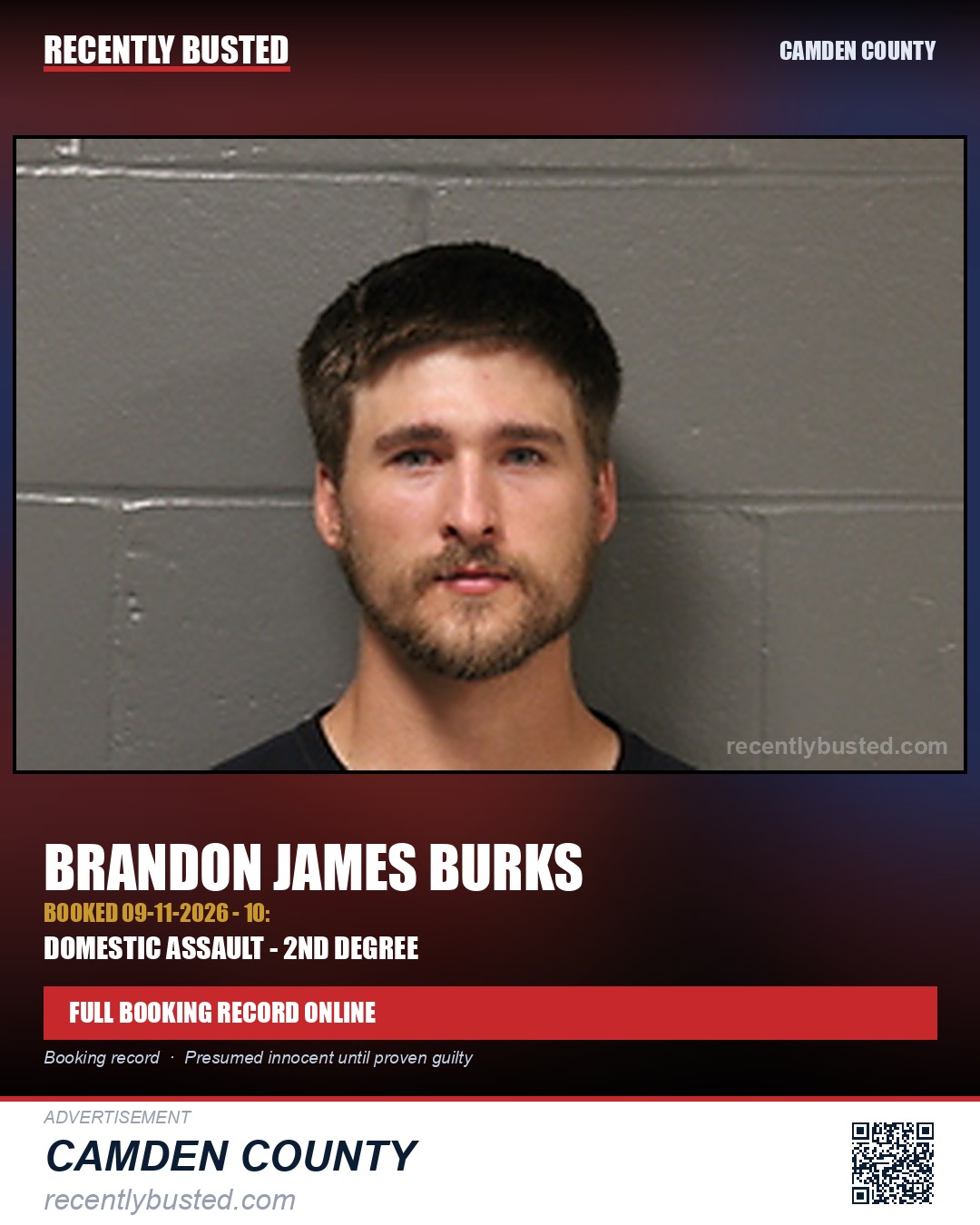 Burks, Brandon James — arrest record card, Camden County