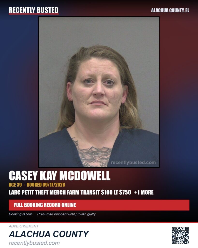 Casey Kay Mcdowell — arrest record card, Alachua County, Florida