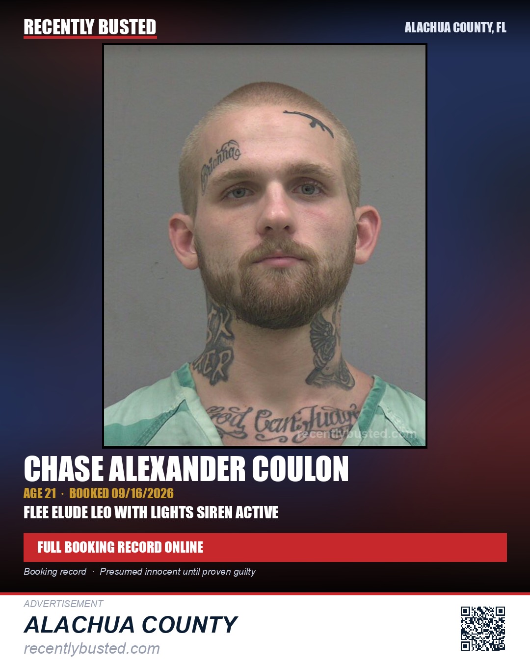 Chase Alexander Coulon — arrest record card, Alachua County, Florida