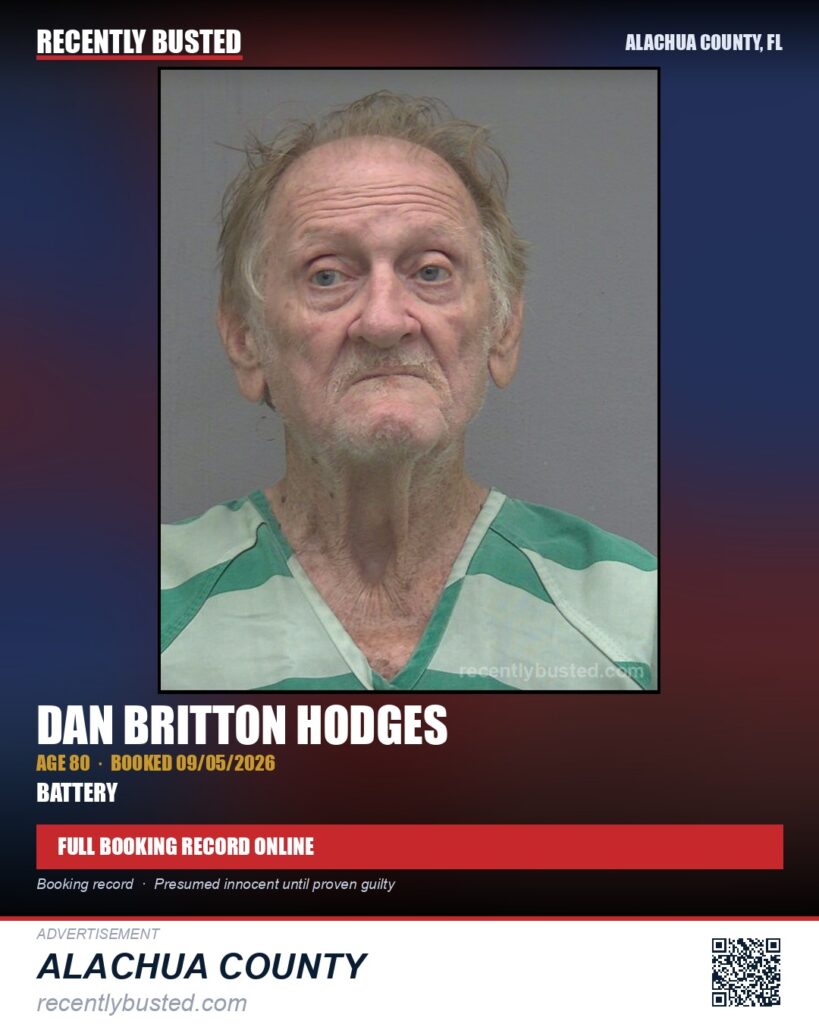 Dan Britton Hodges — arrest record card, Alachua County, Florida
