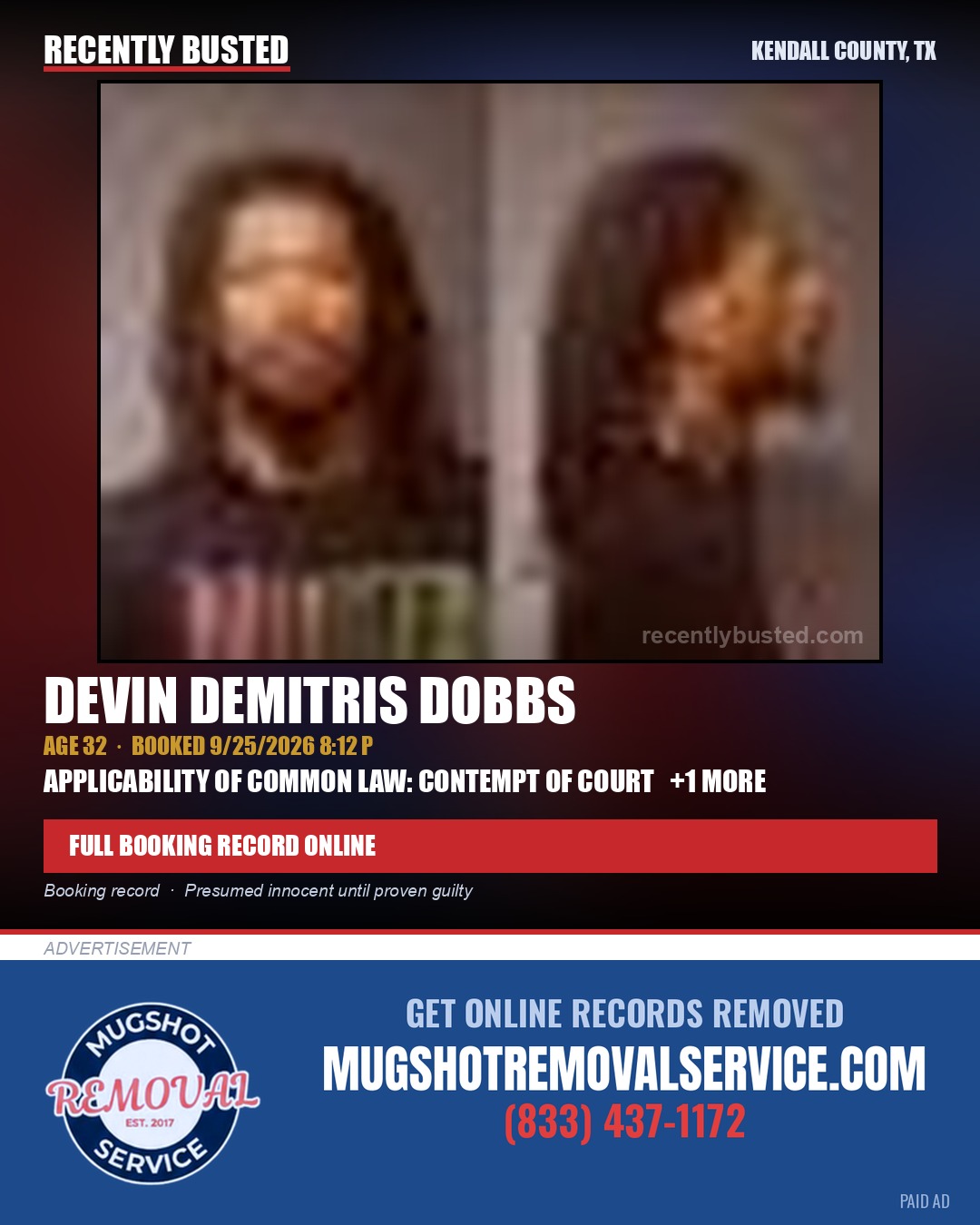 DOBBS, DEVIN DEMITRIS — arrest record card, Kendall County, Illinois