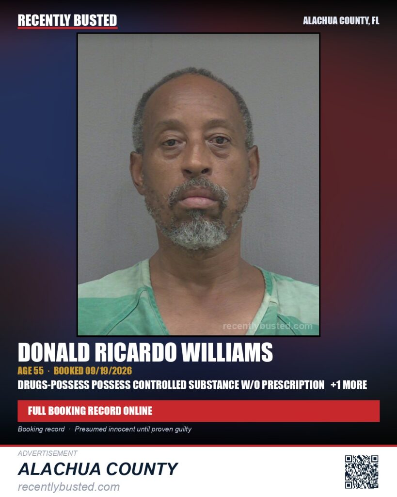 Donald Ricardo Williams — arrest record card, Alachua County, Florida