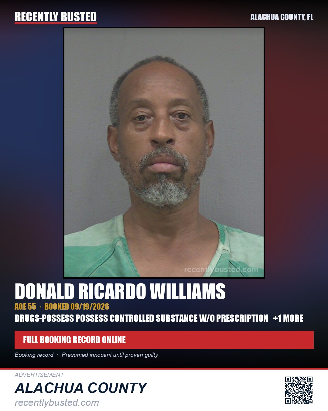 Donald Ricardo Williams — arrest record card, Alachua County, Florida