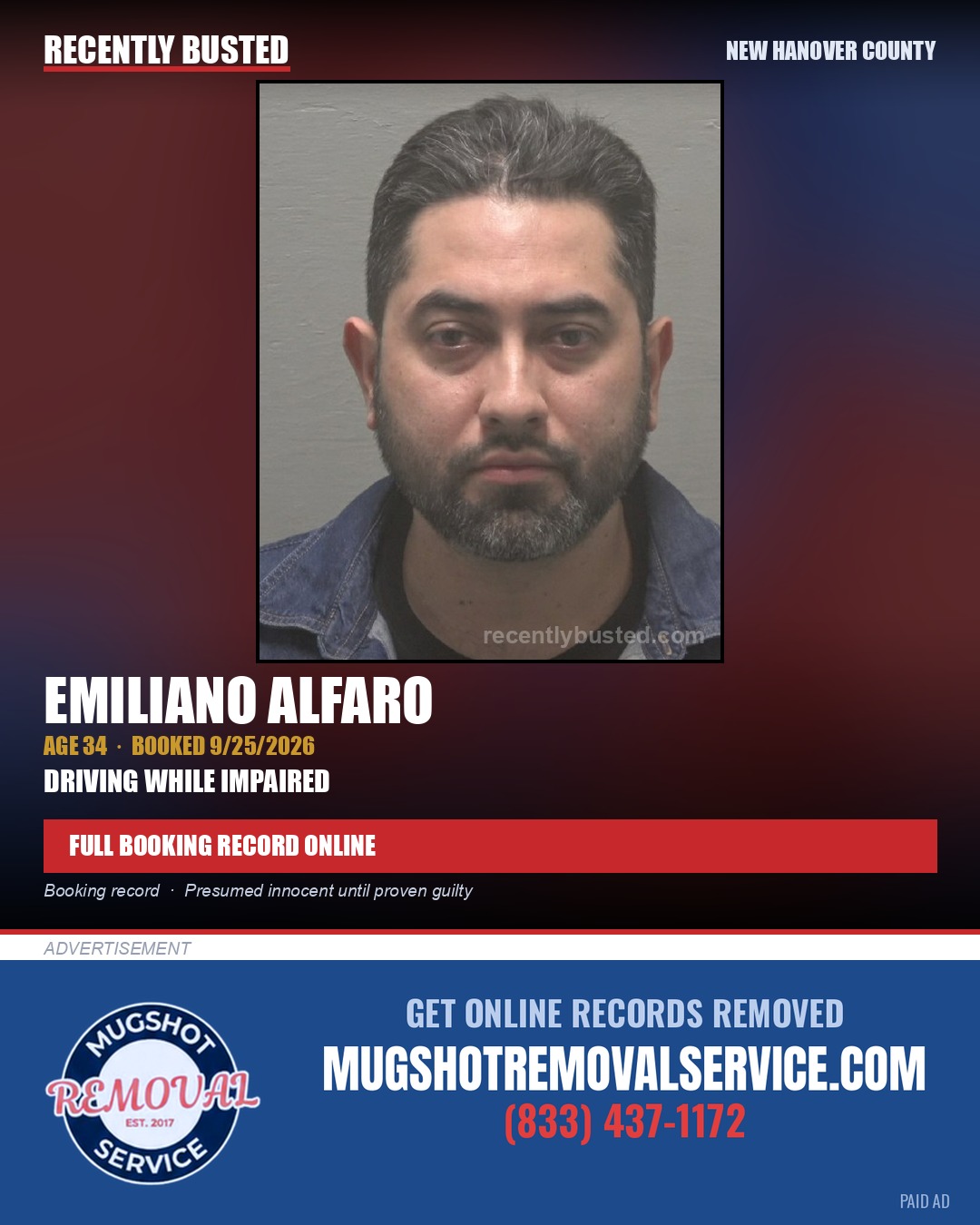EMILIANO ALFARO — arrest record card, New Hanover County