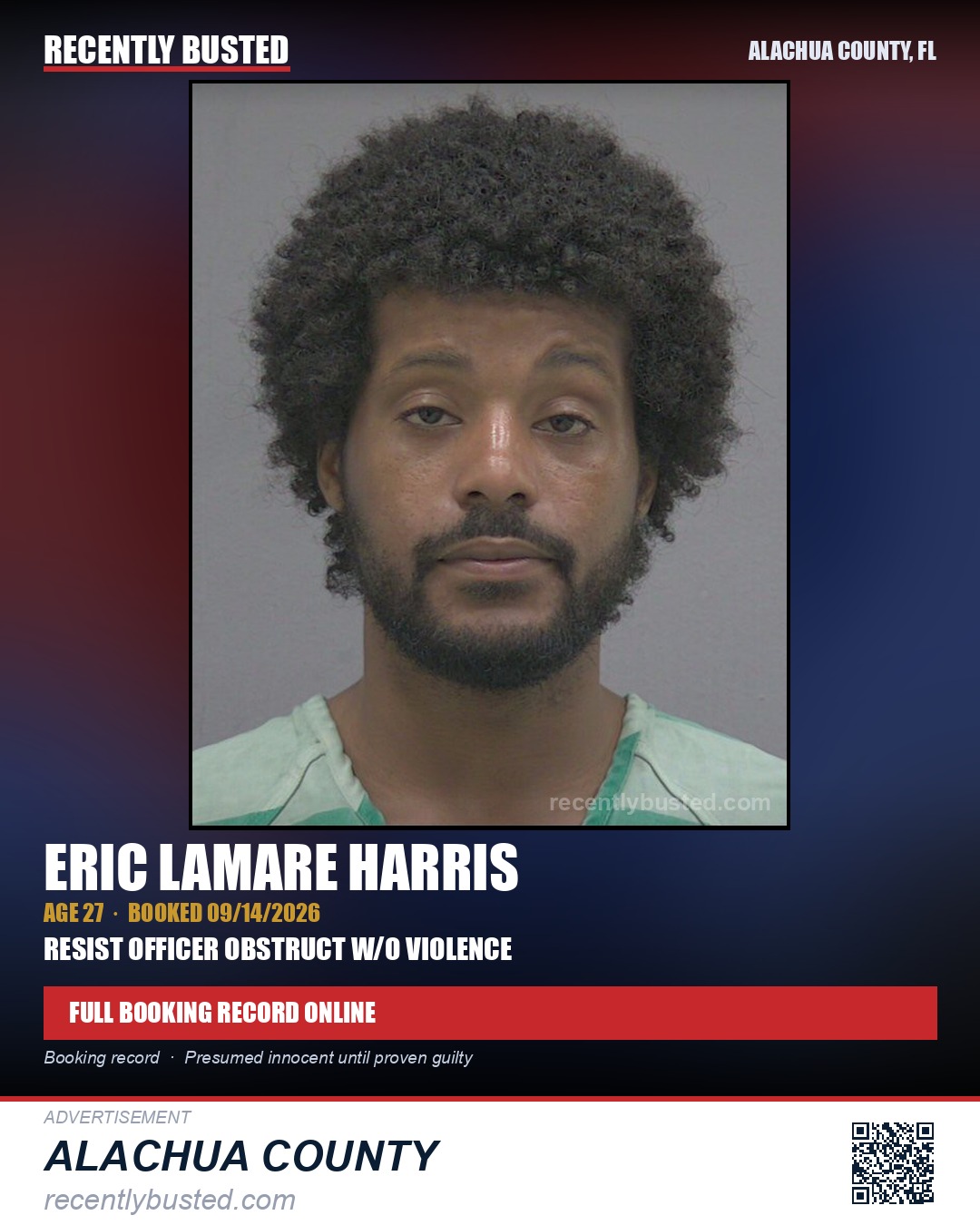 Eric Lamare Harris — arrest record card, Alachua County, Florida