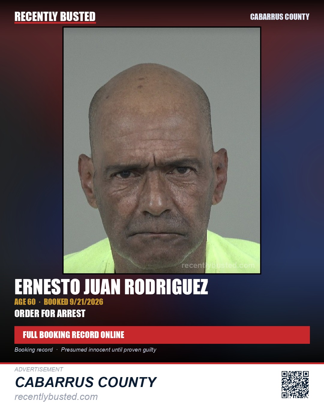 ERNESTO JUAN RODRIGUEZ — arrest record card, Cabarrus County