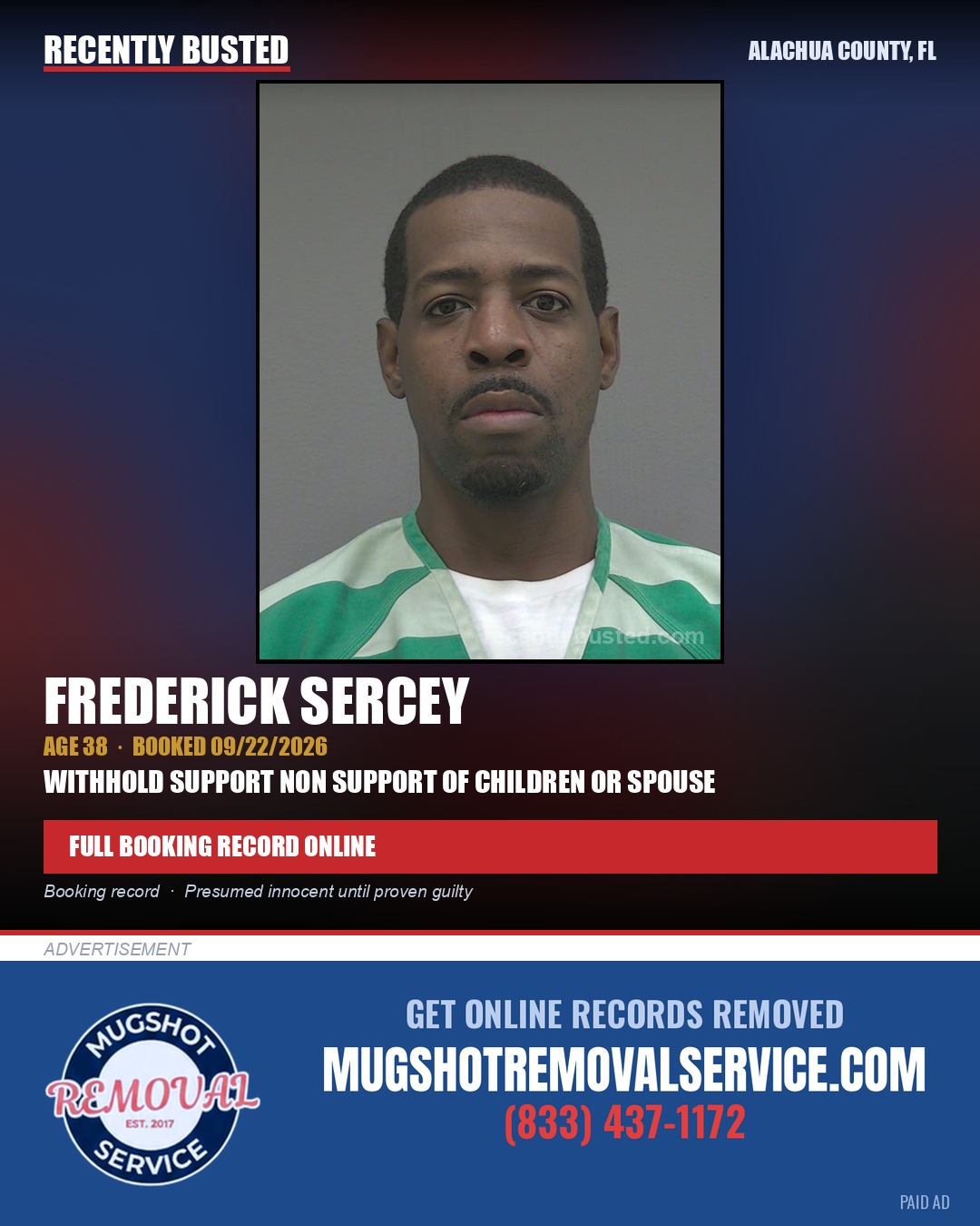 Frederick Sercey — arrest record card, Alachua County, Florida
