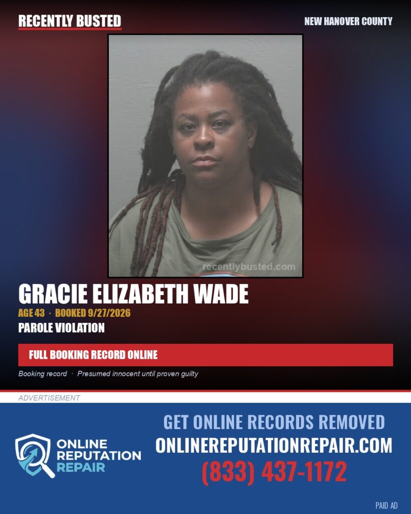 GRACIE ELIZABETH WADE — arrest record card, New Hanover