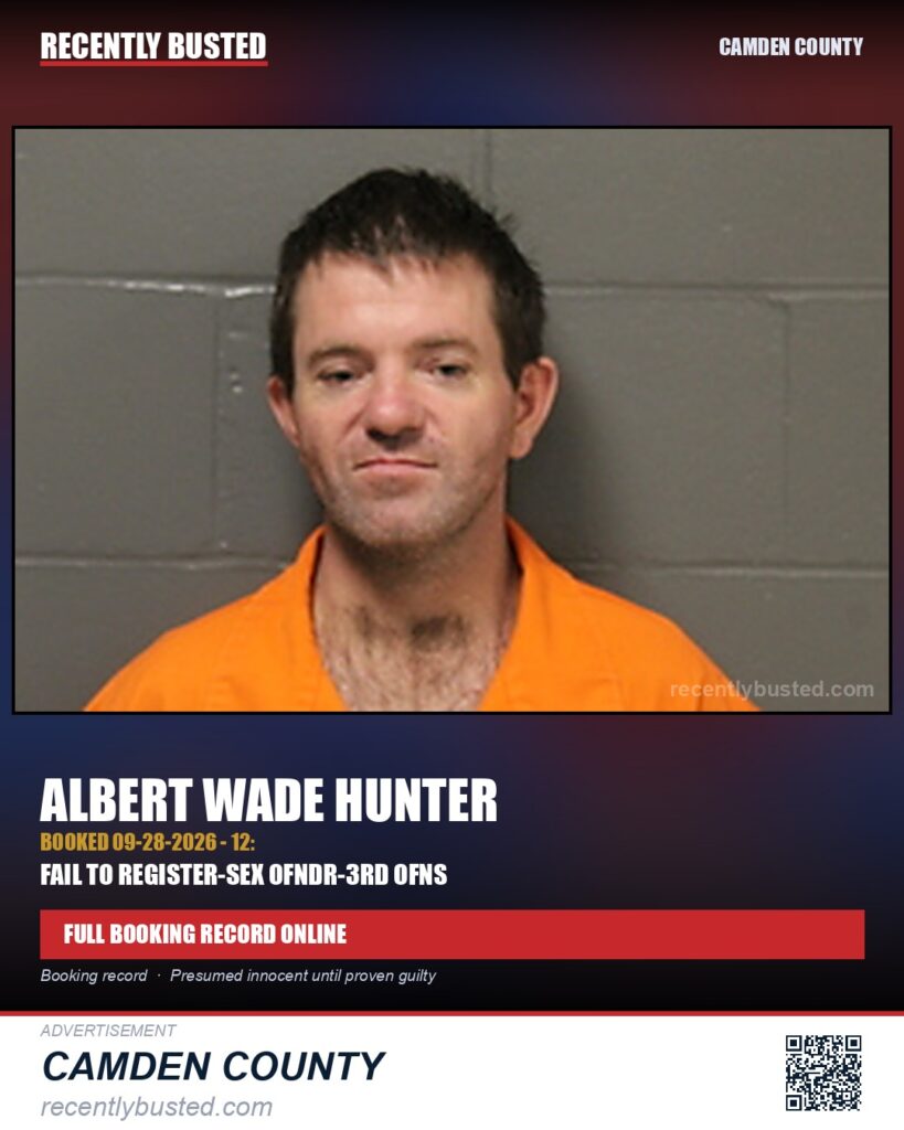 Hunter, Albert Wade — arrest record card, Camden County