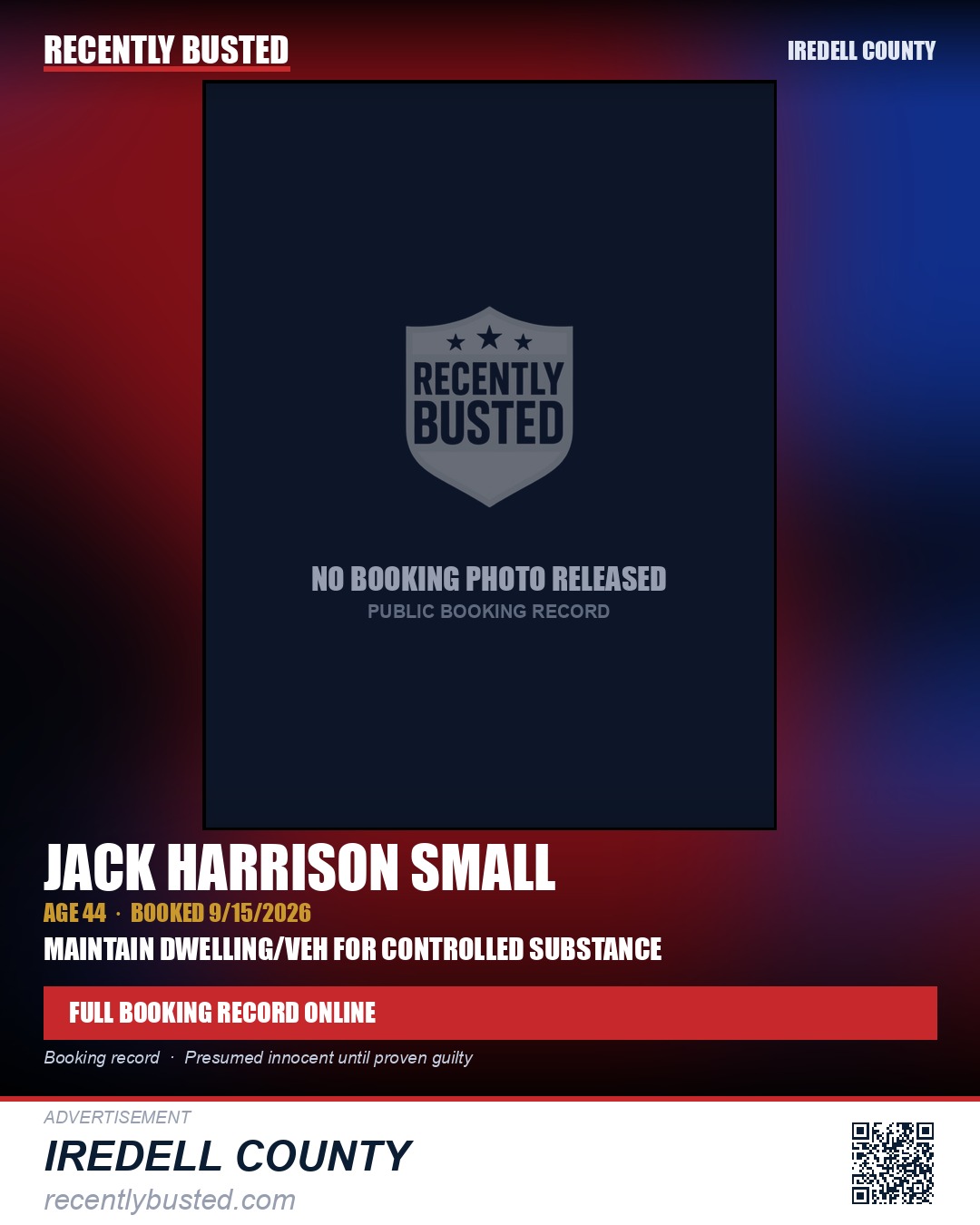 JACK HARRISON SMALL — arrest record card, Iredell County