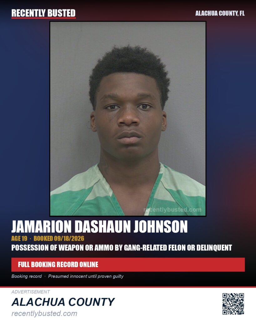 Jamarion Dashaun Johnson — arrest record card, Alachua County, Florida