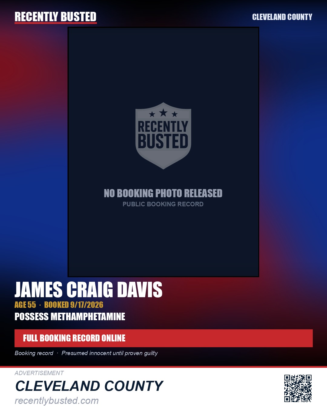 JAMES CRAIG DAVIS — arrest record card, Cleveland County