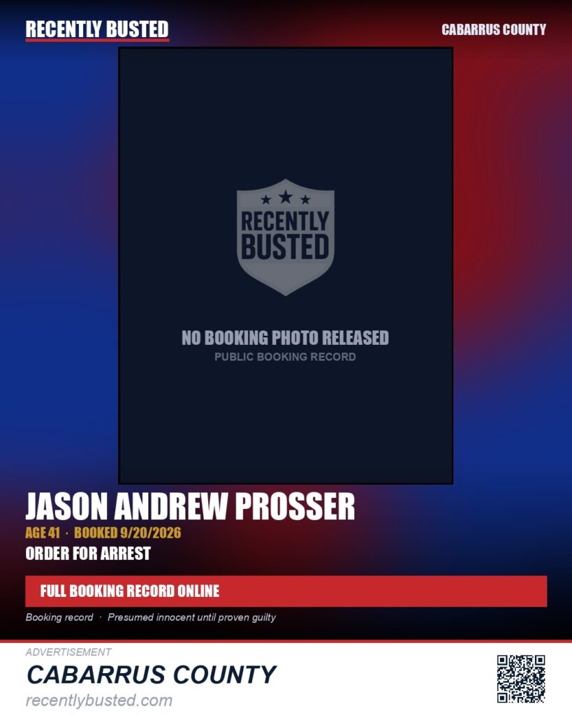 JASON ANDREW PROSSER — arrest record card, Cabarrus County