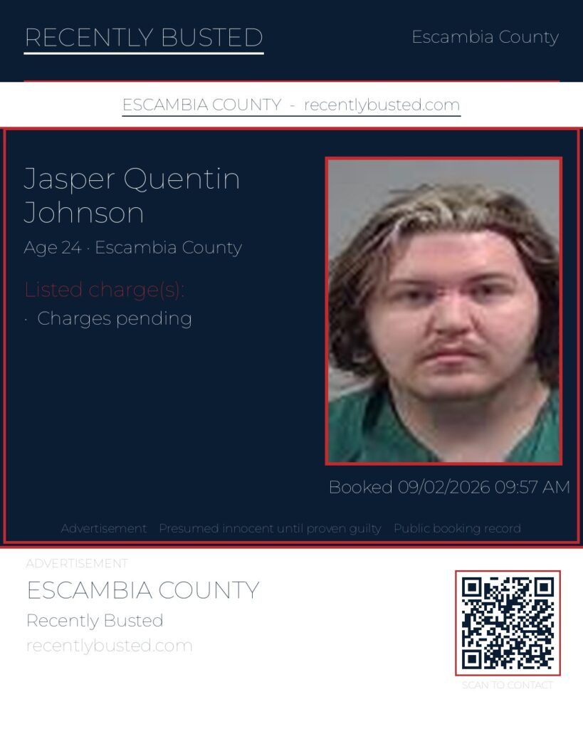 Jasper Quentin Johnson — arrest record card, Escambia County, Florida