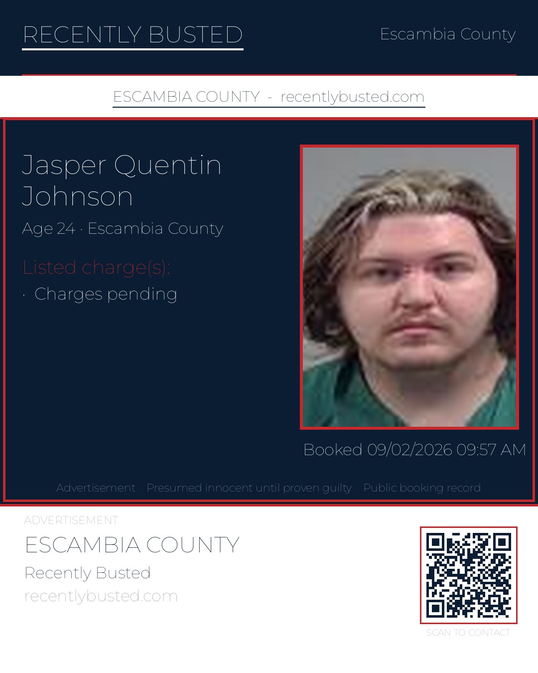 Jasper Quentin Johnson — arrest record card, Escambia County, Florida