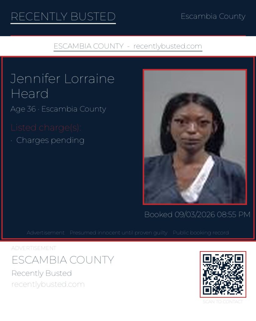 Jennifer Lorraine Heard — arrest record card, Escambia County, Florida