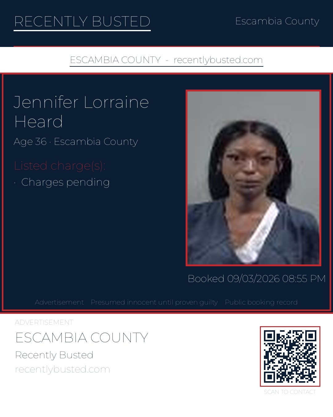 Jennifer Lorraine Heard — arrest record card, Escambia County, Florida