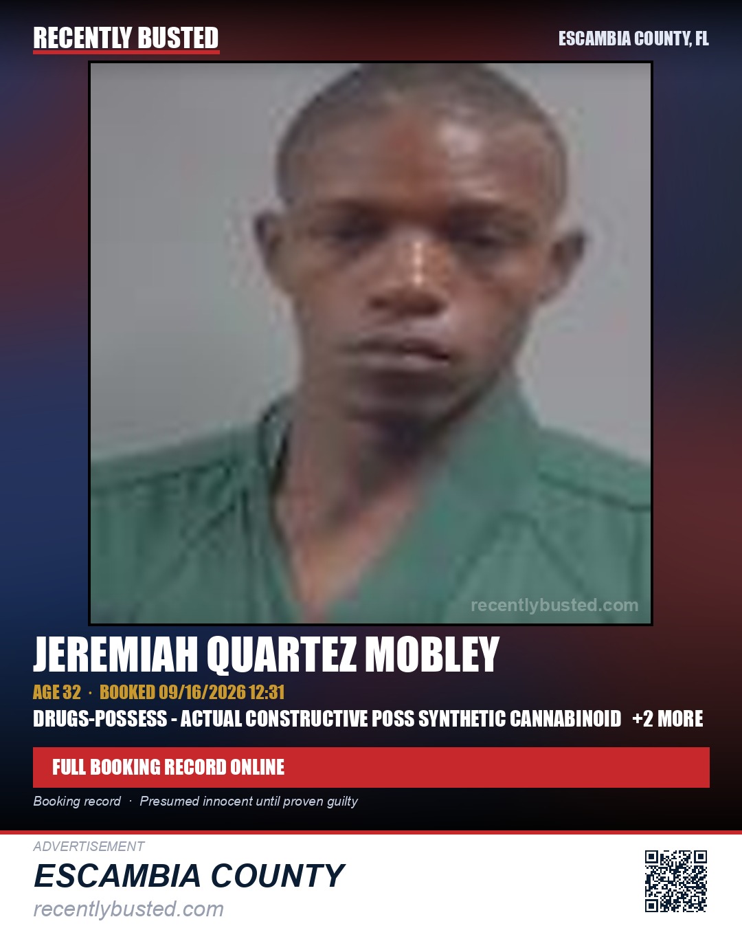 Jeremiah Quartez Mobley — arrest record card, Escambia County, Florida
