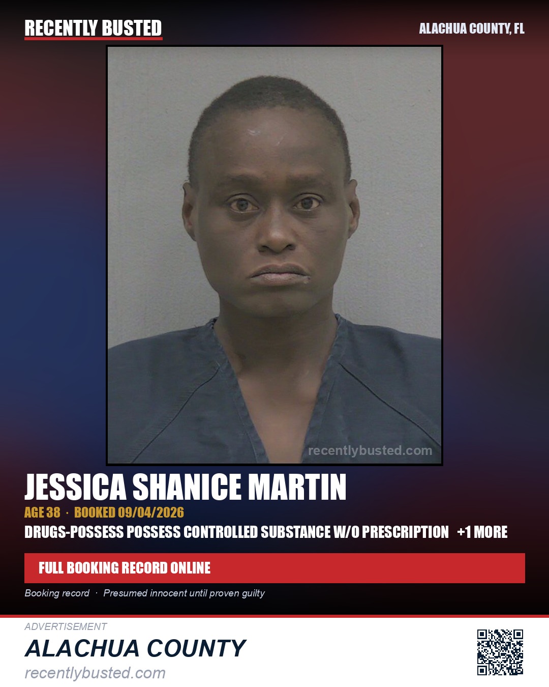 Jessica Shanice Martin — arrest record card, Alachua County, Florida