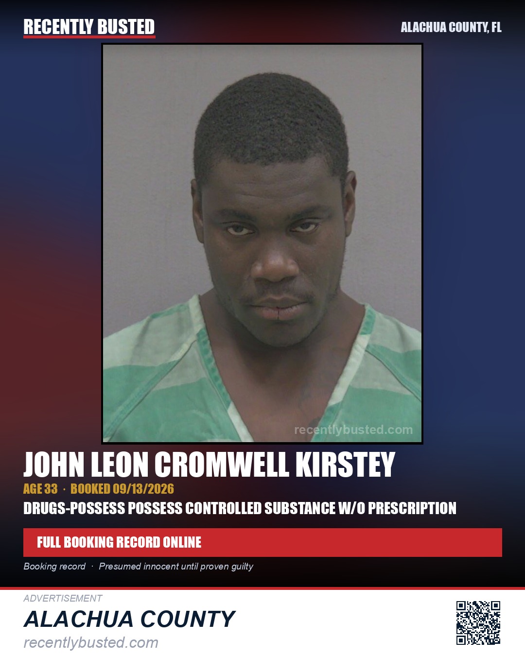 John Leon Cromwell Kirstey — arrest record card, Alachua County, Florida