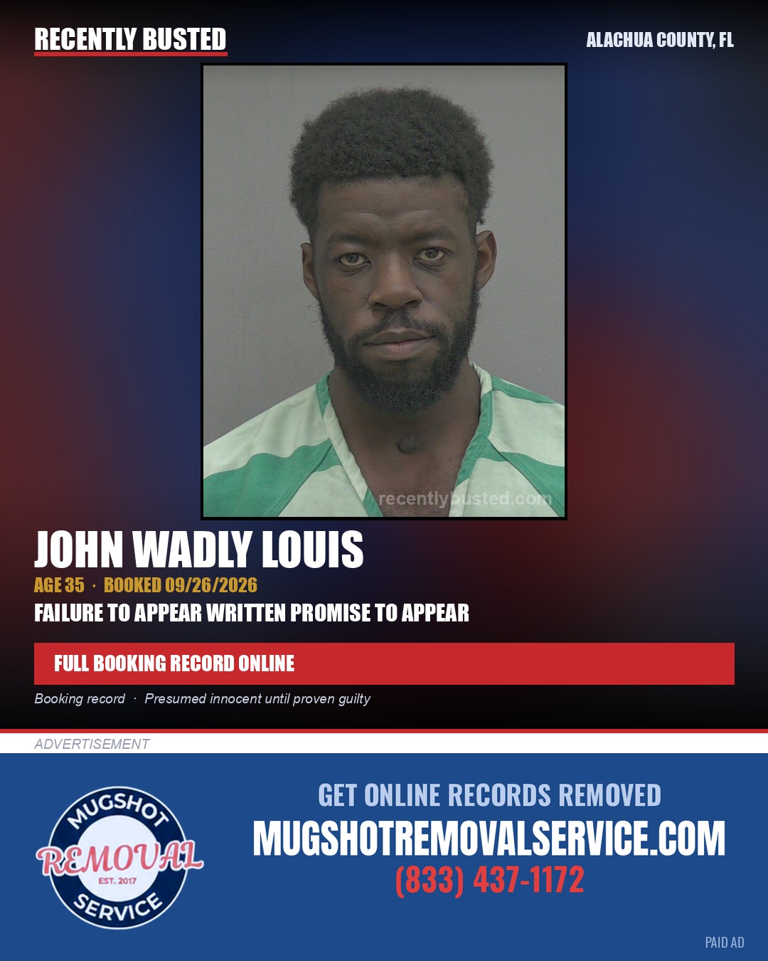 John Wadly Louis — arrest record card, Alachua County, Florida