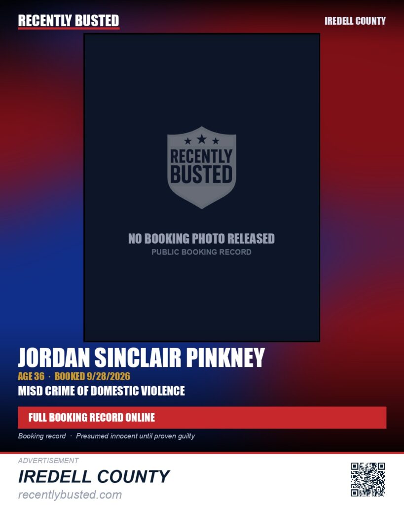 JORDAN SINCLAIR PINKNEY — arrest record card, Iredell County