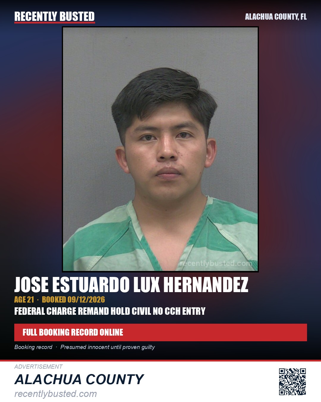 Jose Estuardo Lux Hernandez — arrest record card, Alachua County, Florida