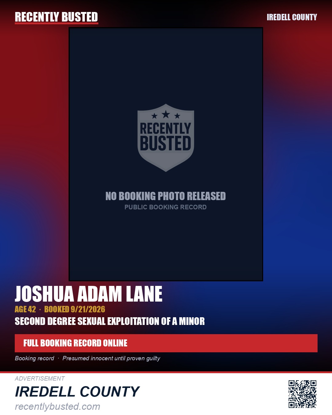 JOSHUA ADAM LANE — arrest record card, Iredell County