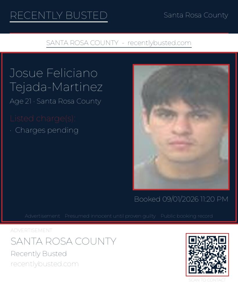 Josue Feliciano Tejada-Martinez — arrest record card, Santa Rosa County, Florida