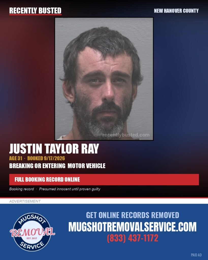 JUSTIN TAYLOR RAY — arrest record card, New Hanover County