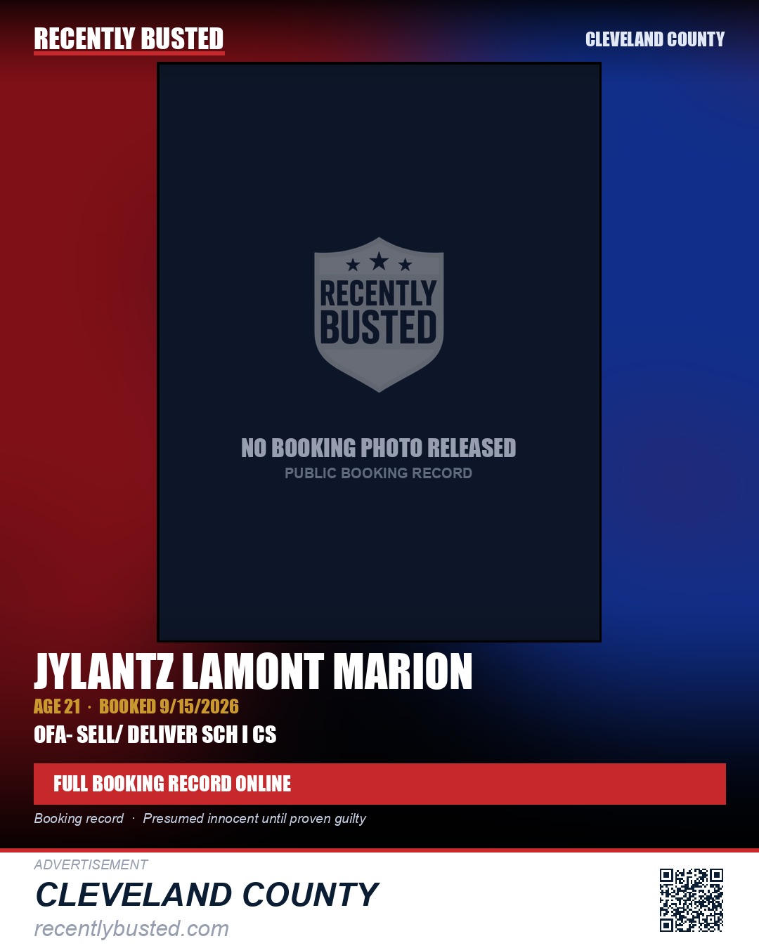 JYLANTZ LAMONT MARION — arrest record card, Cleveland County