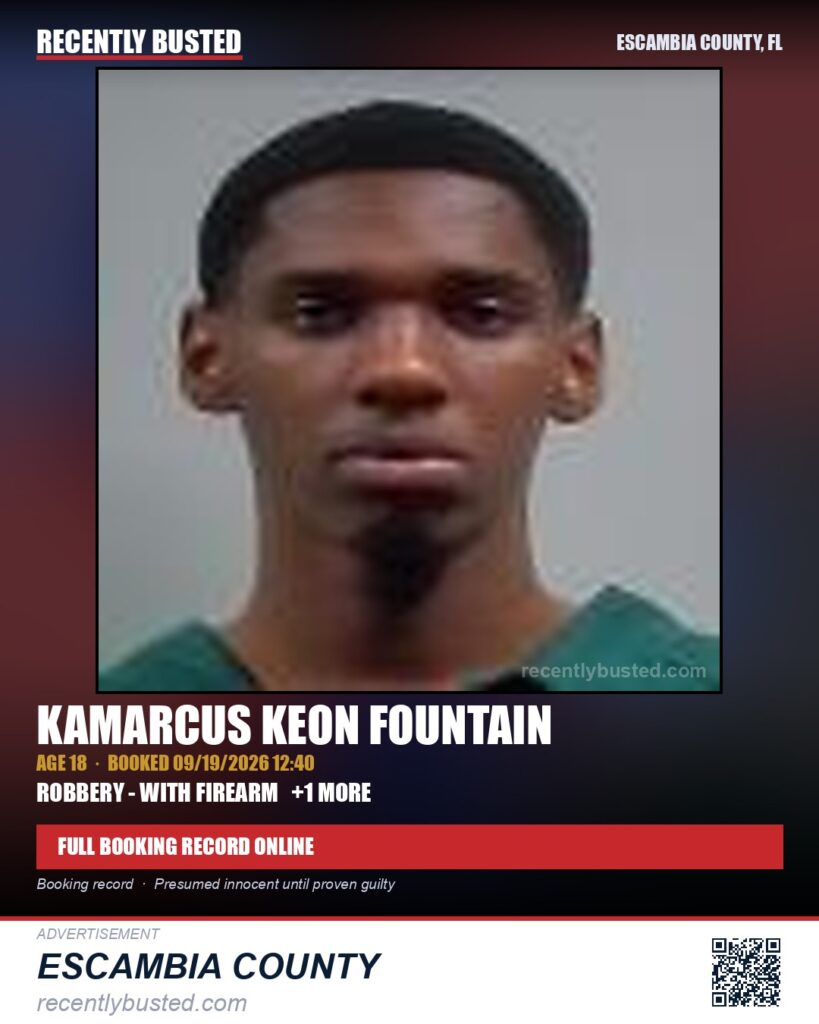 Kamarcus Keon Fountain — arrest record card, Escambia County, Florida