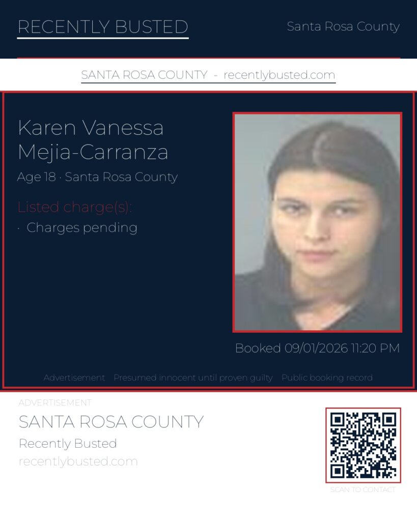 Karen Vanessa Mejia-Carranza — arrest record card, Santa Rosa County, Florida