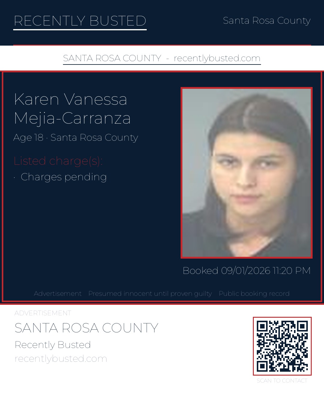 Karen Vanessa Mejia-Carranza — arrest record card, Santa Rosa County, Florida