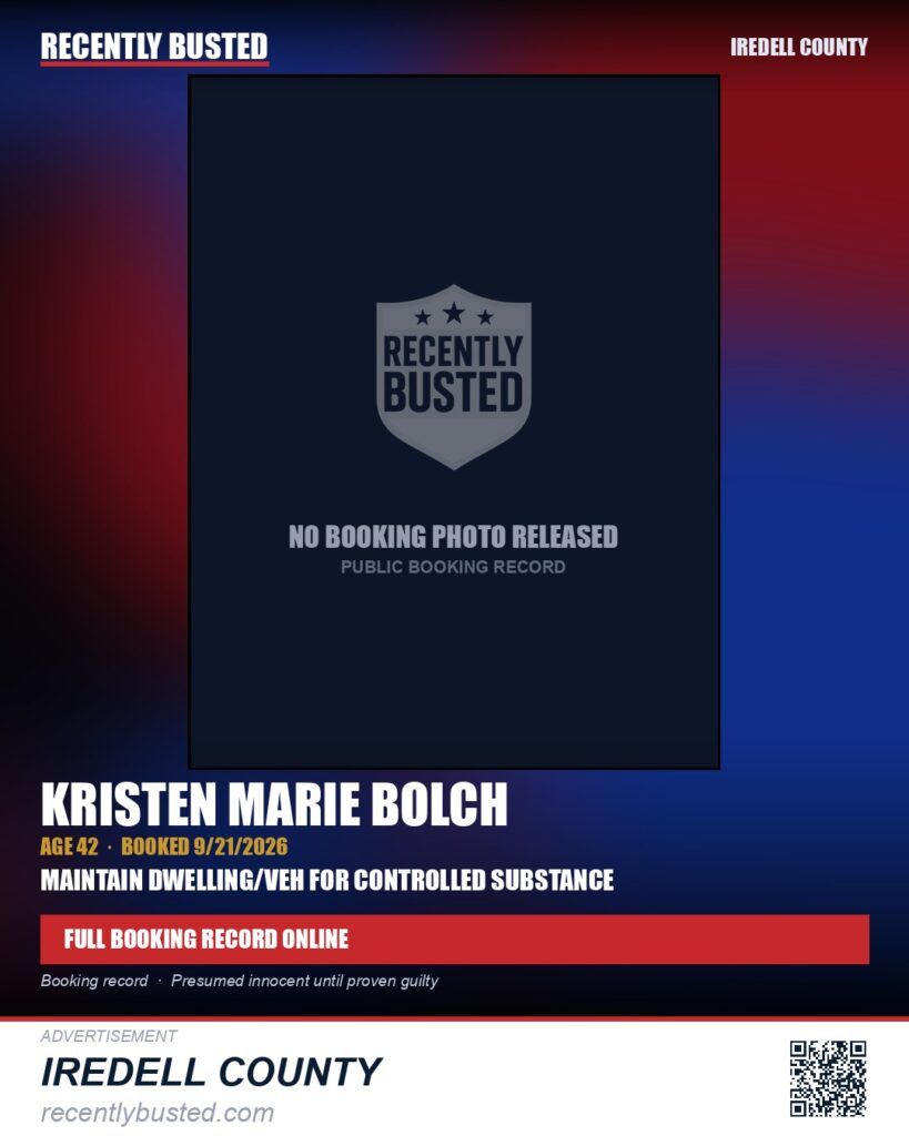 KRISTEN MARIE BOLCH — arrest record card, Iredell County