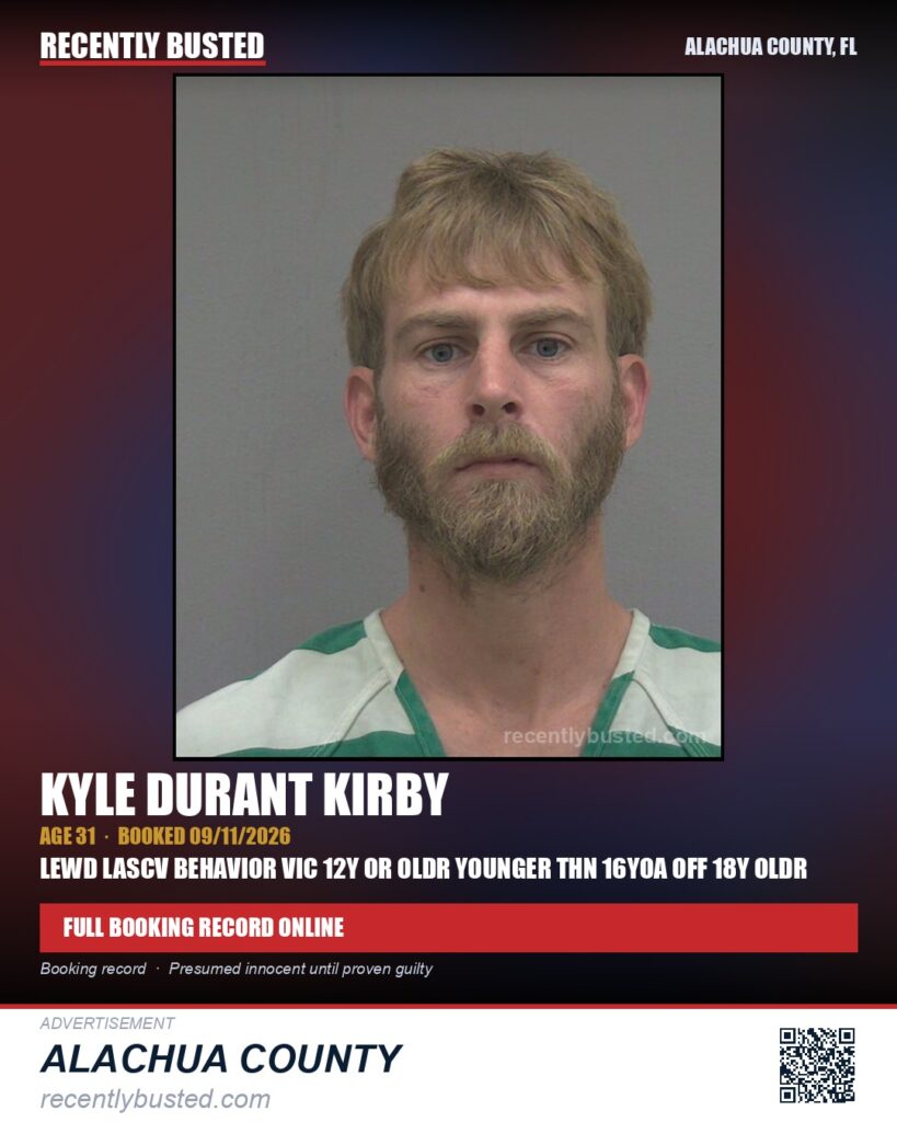 Kyle Durant Kirby — arrest record card, Alachua County, Florida