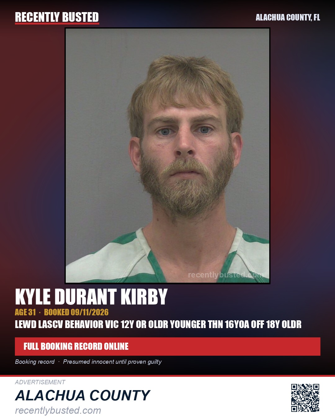 Kyle Durant Kirby — arrest record card, Alachua County, Florida