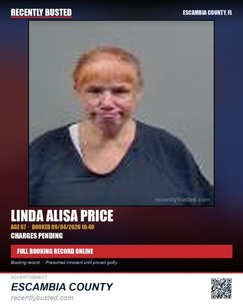 Linda Alisa Price — arrest record card, Escambia County, Florida