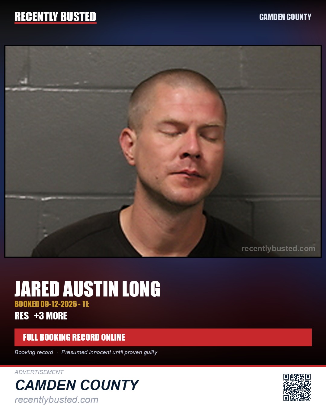 Long, Jared Austin — arrest record card, Camden County
