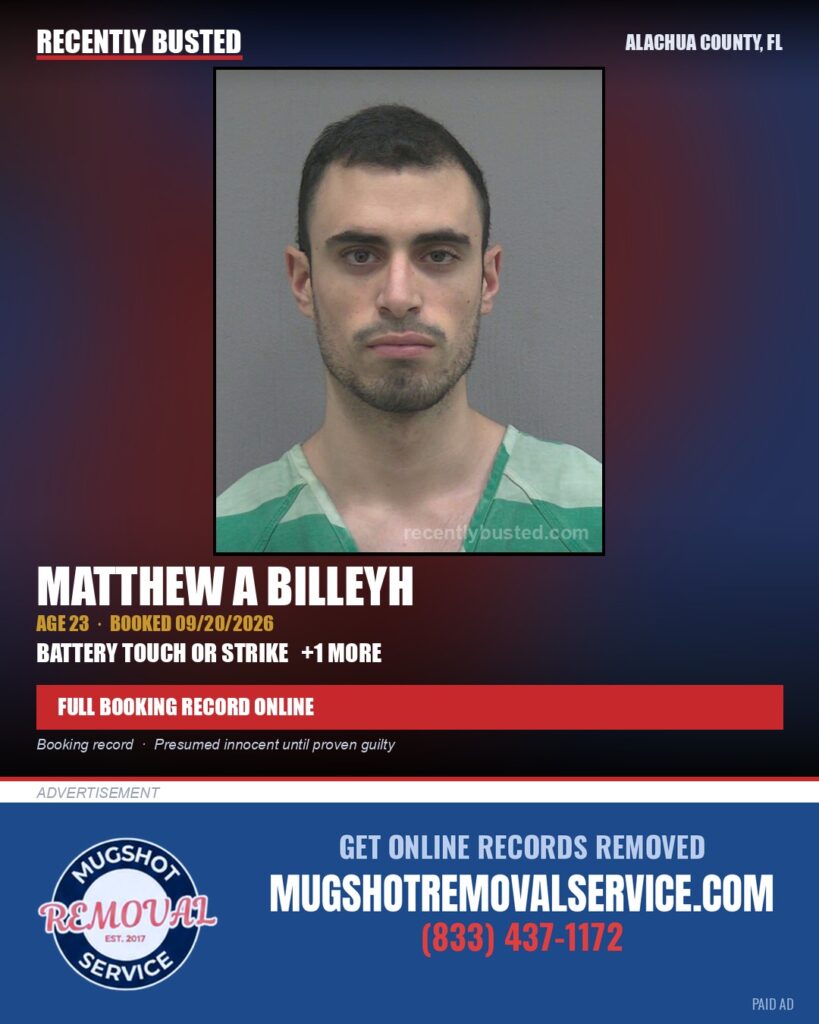 Matthew A Billeyh — arrest record card, Alachua County, Florida