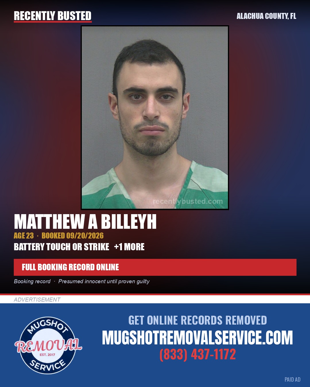 Matthew A Billeyh — arrest record card, Alachua County, Florida