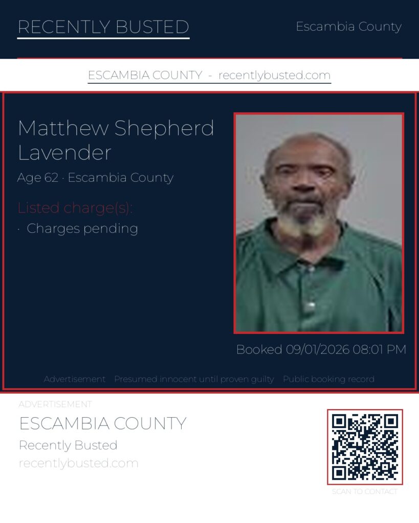 Matthew Shepherd Lavender — arrest record card, Escambia County, Florida